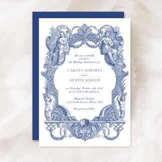 Convite Casamento de Moldura Azul-Barroco Elegante