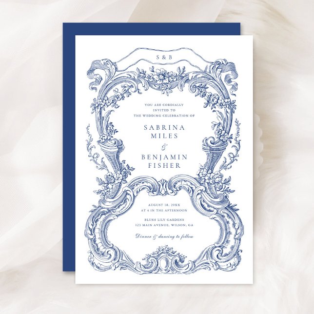 Convite Casamento de Moldura Azul Floral Azul Elegante (Criador carregado)