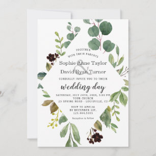 Convite Casamento de Moldura de Folhagem em Verde