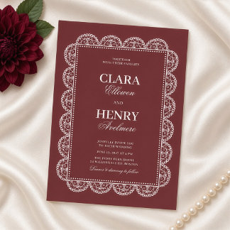 Convite Casamento de Moldura de Renda Ornamentada Borgonha