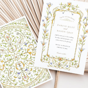Convite Casamento de Moldura de Rococo Floral Watercolor
