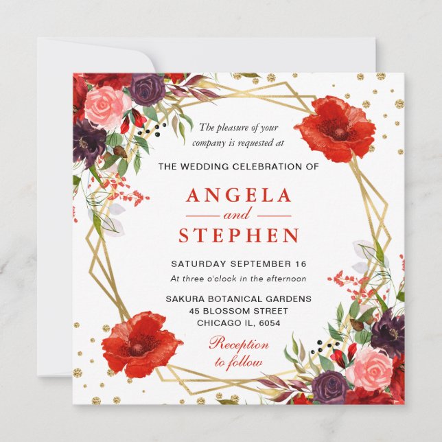 Convite Casamento de Moldura Dourada de Flores de Outono e (Frente)