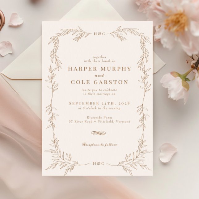 Convite Casamento de Moldura Dourada Elegante Vinha Verde (Criador carregado)