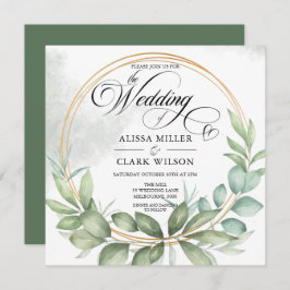 Convite Casamento de Moldura Dourada Eucalyptus Greenery