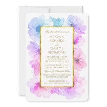 Casamento de Moldura Dourada Floral Azul e Roxo