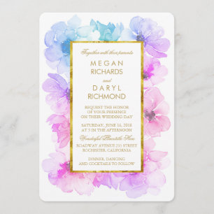 Convite Casamento de Moldura Dourada Floral Azul e Roxo