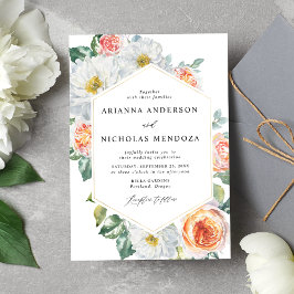 Convite Casamento de Moldura Dourada Floral Branco e Pêsse