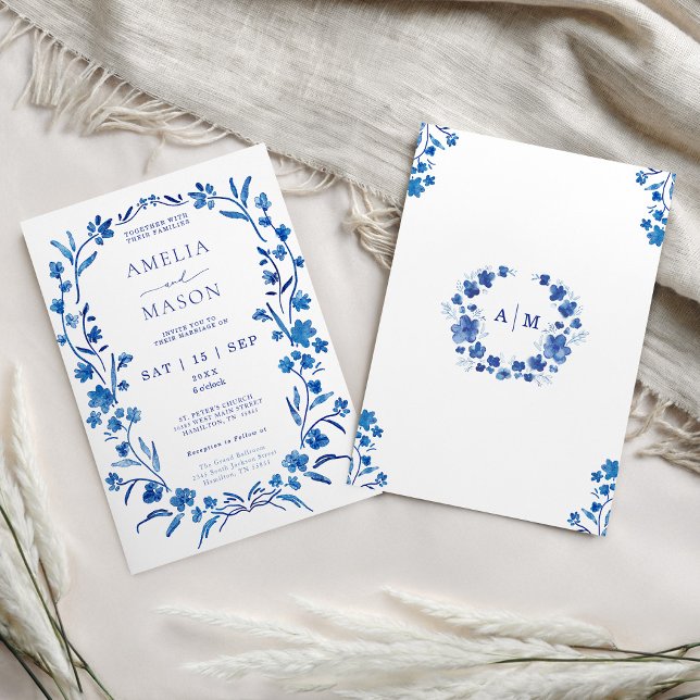 Convite Casamento de Moldura Floral Azul (Front and back of blue watercolor floral frame wedding invitation)
