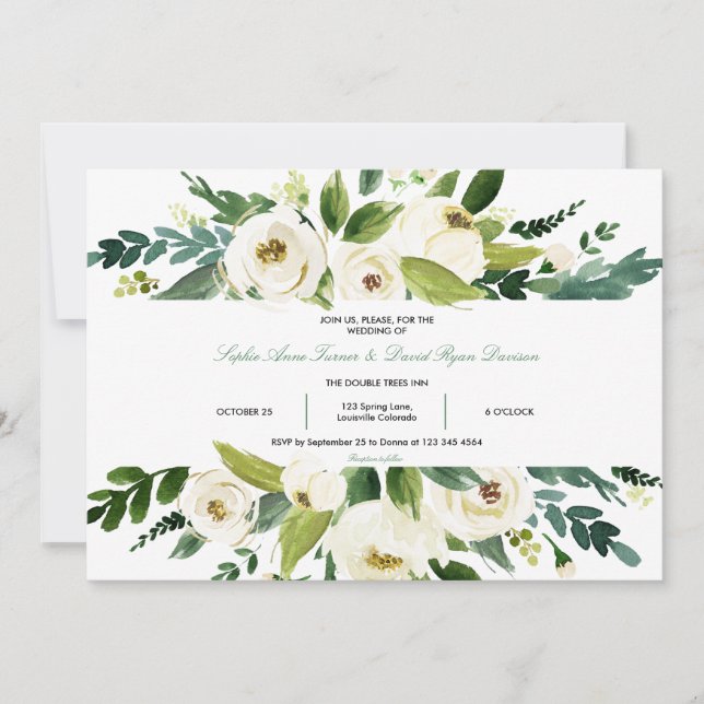 Convite Casamento de Moldura Floral Branca de Watercolor (Frente)