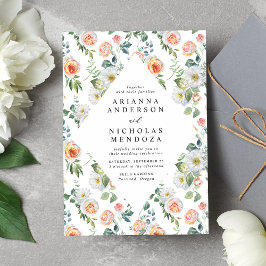 Convite Casamento de Moldura Floral Branca e Pêssego de Aq