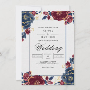 Convite Casamento de Moldura Floral Burgundy Profundo