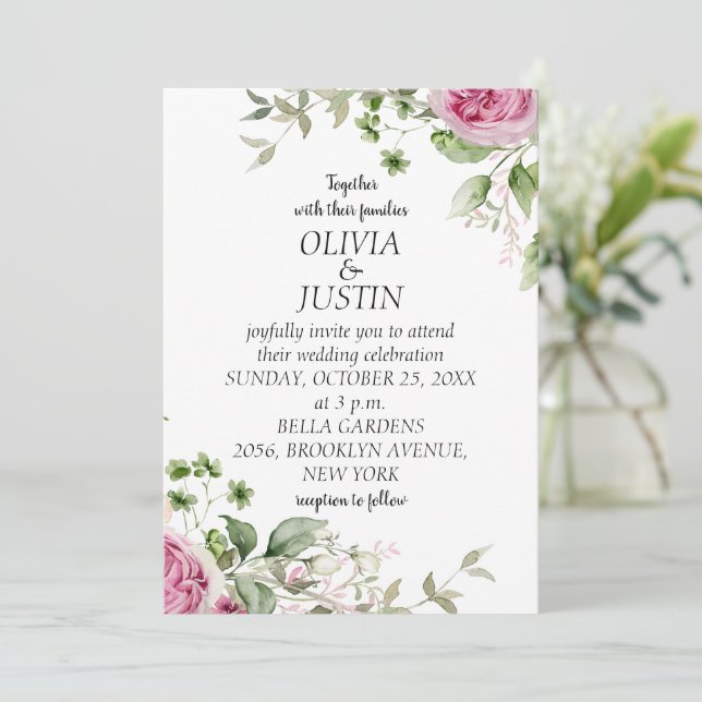 Convite Casamento de Moldura Floral Cor-de-Água Rosa (Em pé/Frente)