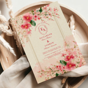 Convite Casamento de Moldura Floral Cor-de-Rosa-Blush