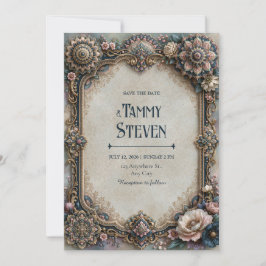 Convite Casamento de Moldura Floral Mandala em Azul Poeire
