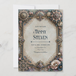 Convite Casamento de Moldura Floral Mandala em Azul Poeire