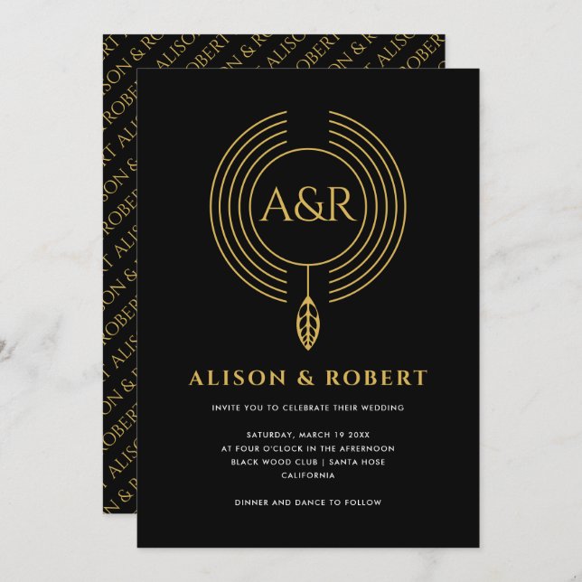 Convite Casamento de moldura, folha e iniciais inspirados  (Frente/Verso)