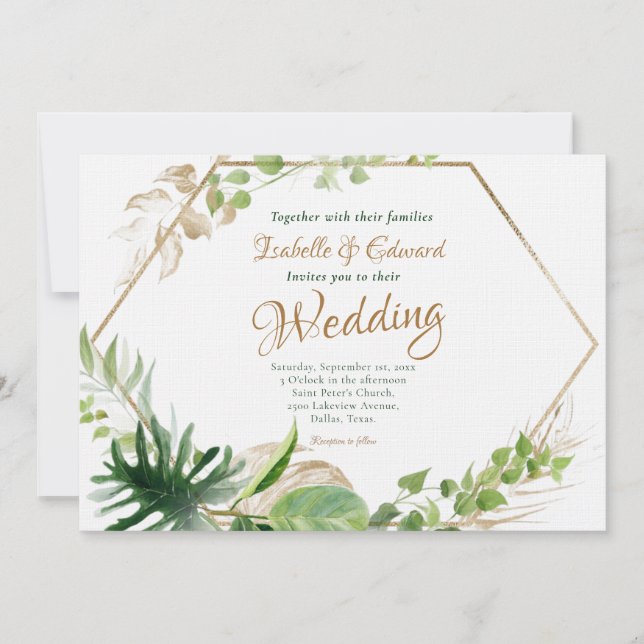 Convite Casamento de Moldura Geométrica e Monstera Verde T (Frente)