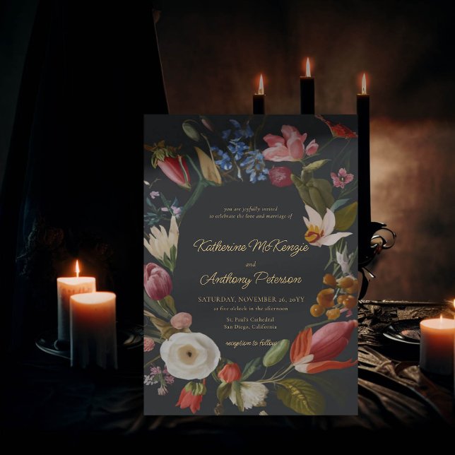 Convite Casamento de Moldura Romântica Gótica Escura Escur (moody romantic wedding invitation red blue floral frame painting dutch masters elegant gothic dark)
