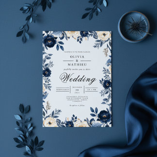 Convite Casamento de Molody Indigo Floral Frame