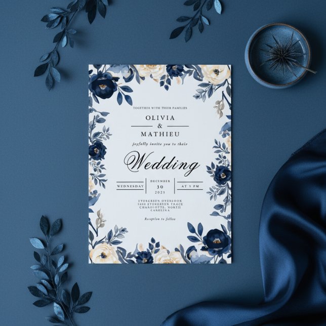 Convite Casamento de Molody Indigo Floral Frame (Criador carregado)