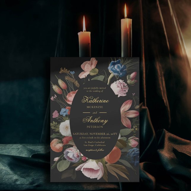 Convite Casamento de Molusco Romântico Floral Sonoro Negra (moody romantic wedding invitation floral frame painting dutch masters elegant gothic dark black chic)