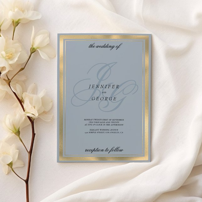 Convite Casamento de monograma azul-aquamarina (Aquamarine blue gold monogram initials wedding )