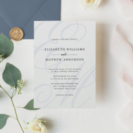 Convite Casamento de Monograma Azul com Caligrafia Elegant
