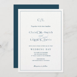 Convite Casamento de Monograma Azul com Marinho Minimalist