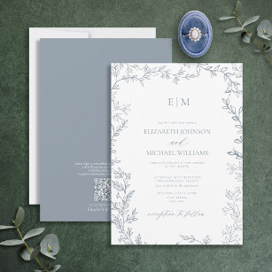 Convite Casamento de Monograma Azul Elegante Folha de Folh