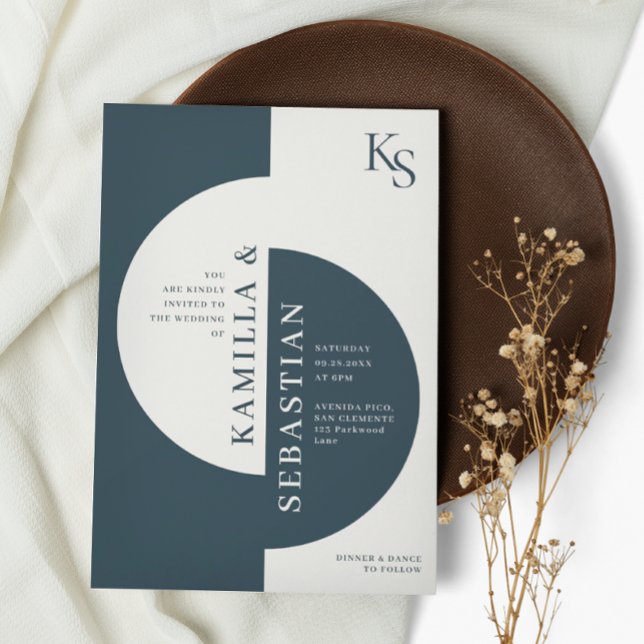 Convite Casamento de Monograma Azul-marfim Marinho Geométr (Criador carregado)