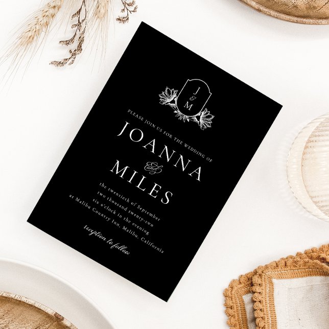 Convite Casamento de Monograma Botânico Preto e Branco Ele (Criador carregado)