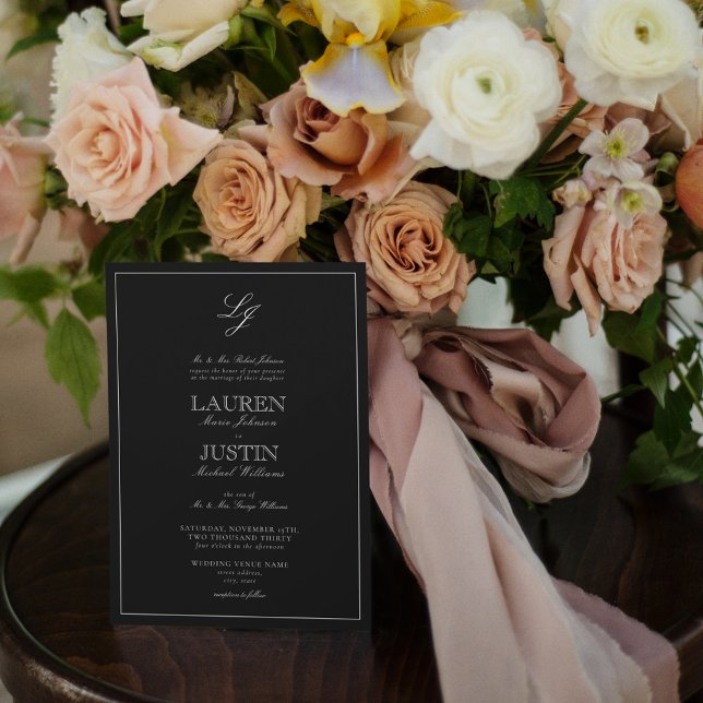 Convite Casamento de Monograma Branco e Preto Clássico do  (Criador carregado)