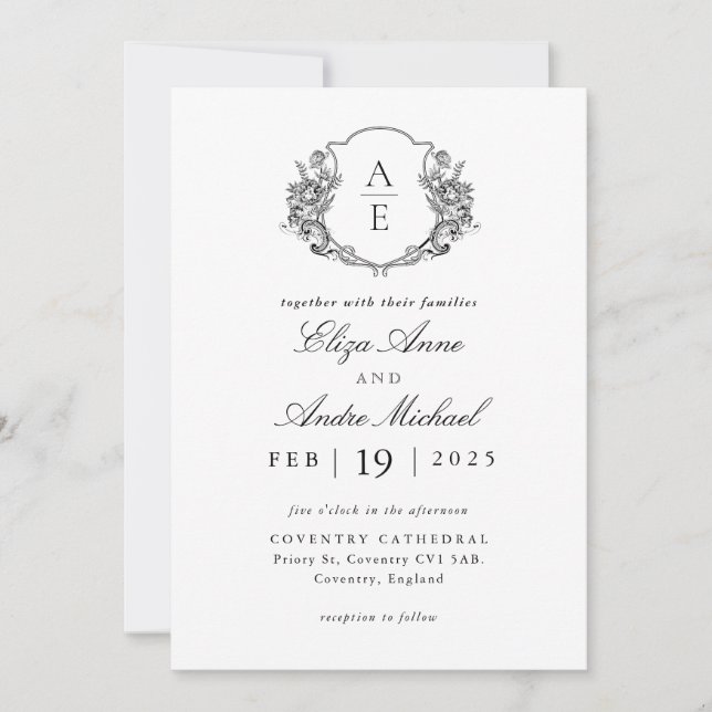 Convite Casamento de Monograma Branco e Preto Elegante (Frente)