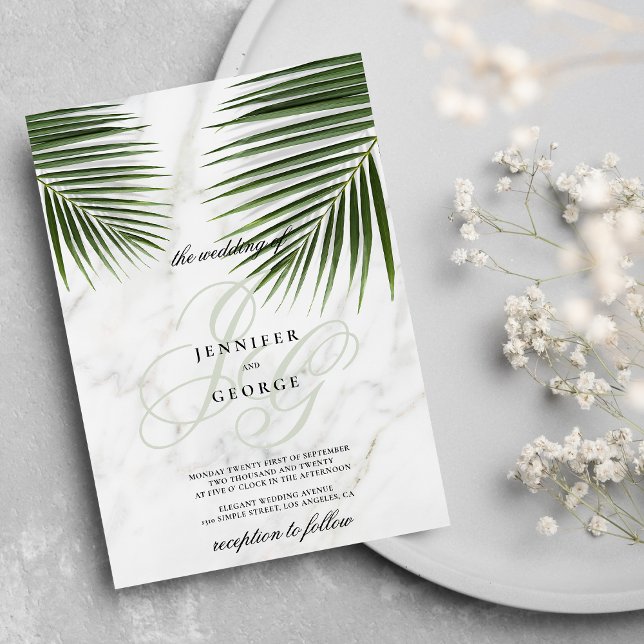Convite Casamento de monograma branco verde-tropical (Tropical green white marble monogram wedding)