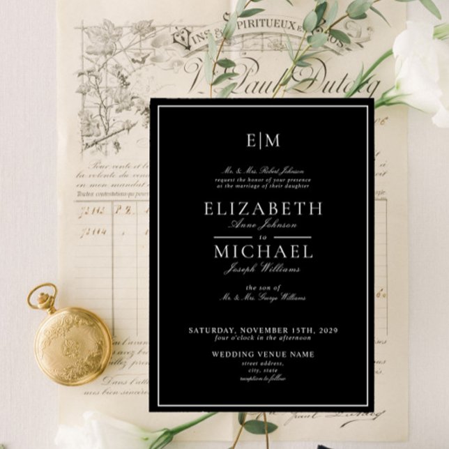 Convite Casamento de Monograma Clássico Branco Negro Elega (Easily personalize this elegant, formal monogram invitation for your event. Part of a larger suite)