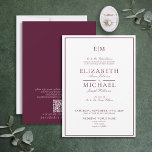 Convite Casamento de Monograma Clássico Burgundy do Código<br><div class="desc">Seu casamento é um dos dias mais importantes da sua vida, então você quer que tudo seja perfeito. Isso inclui seus convites! Este Convite para Casamento do Monograma Clássico de Script Clássico Burgundy do Código QR Elegante é exatamente o que você precisa para definir o tom para seu dia especial....</div>