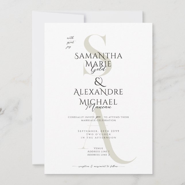 Convite Casamento de Monograma Contemporâneo de Script Pre (Frente)