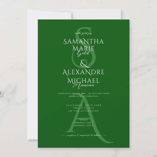 Convite Casamento de Monograma Contemporâneo de Script Ver (Frente)