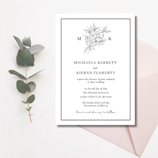 Convite Casamento de Monograma da Flor Botânica (Botanical Flower Monogram Wedding Invitation)