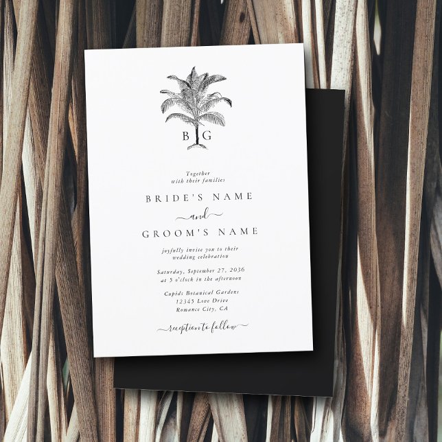 Convite Casamento de Monograma de Árvore Tropical Minimali (Minimalist Tropical Palm Tree Monogram Wedding Invitation)