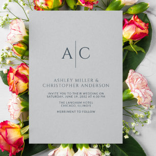 Convite Casamento de Monograma de Cinza Azul e Aço com Mar