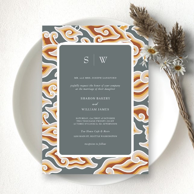 Convite Casamento de Monograma de Cinzas Elegantes e Ondas (Personalized Vibrant Batik Symphony A Multicolor Wedding Invitation)