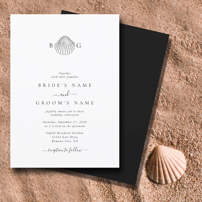 Convite Casamento de Monograma de Clam Seashell Minimalist (Minimalist Clam Seashell Monogram Wedding Invitation)