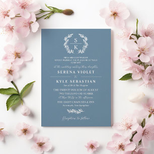 Convite Casamento de Monograma de Coroa de Louro Azul Somb