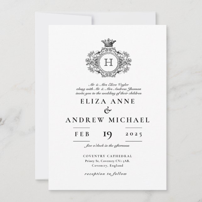 Convite Casamento de Monograma de Crest Brancos e Pretos (Frente)