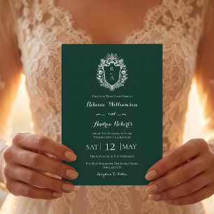 Convite Casamento de Monograma de Crista de Verde Esmerald
