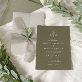 Convite Casamento de Monograma de Folha Verde Oliva Clássi