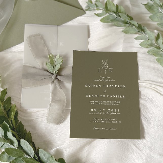 Convite Casamento de Monograma de Folha Verde Oliva Clássi (Criador carregado)