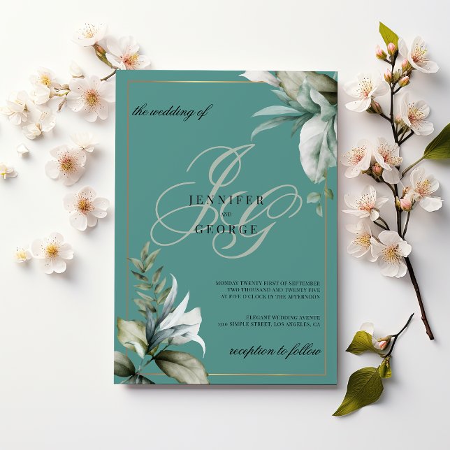 Convite Casamento de monograma de folhagem de ouro verde-M (Mauve green gold foliage monogram initials wedding)