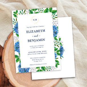 Convite Casamento de Monograma de Hydrangeas Azuis Dourada
